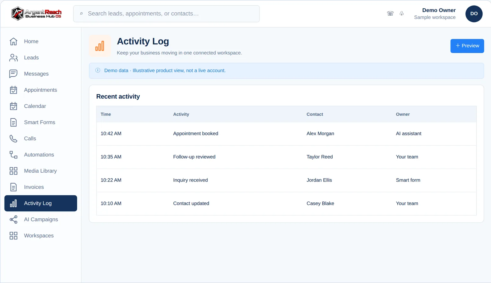 Business Hub OS Activity Log, demo view, branded for Argent Reach