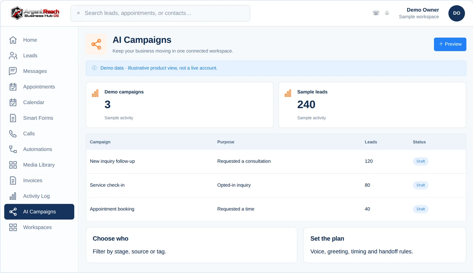 Business Hub OS AI Campaigns, demo view, branded for Argent Reach