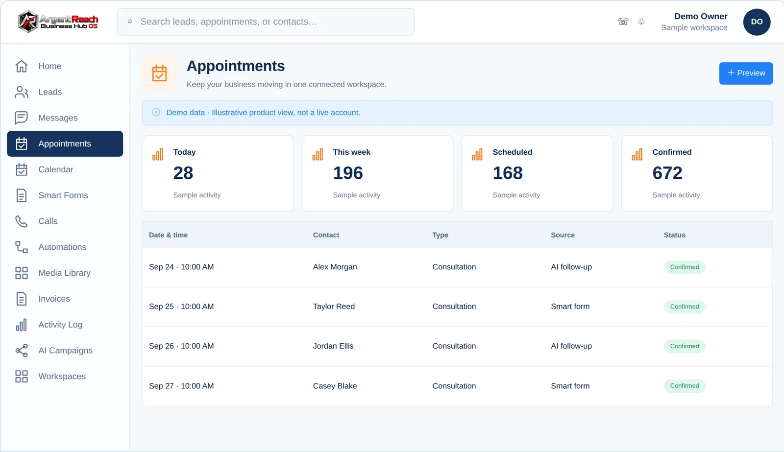 Business Hub OS Appointments, demo view, branded for Argent Reach
