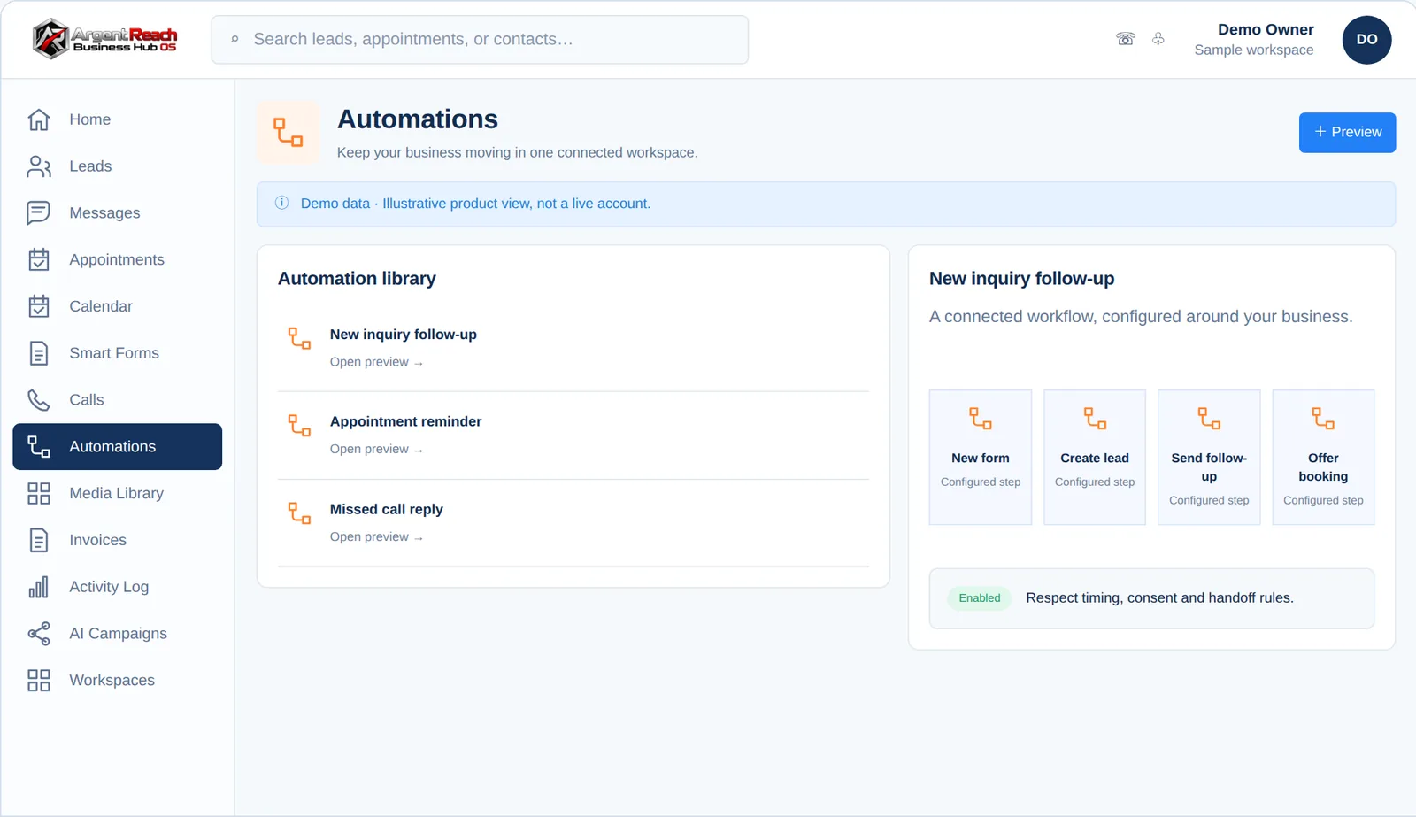 Business Hub OS Automations, demo view, branded for Argent Reach