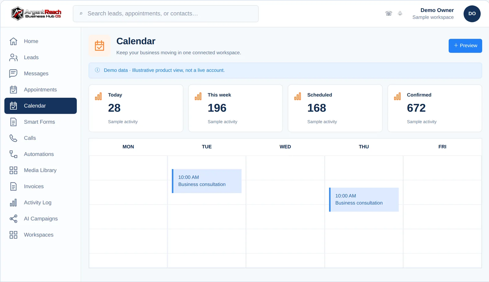 Business Hub OS Calendar, demo view, branded for Argent Reach