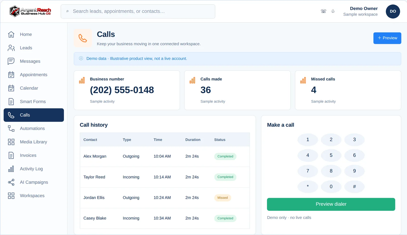 Business Hub OS Calls, demo view, branded for Argent Reach