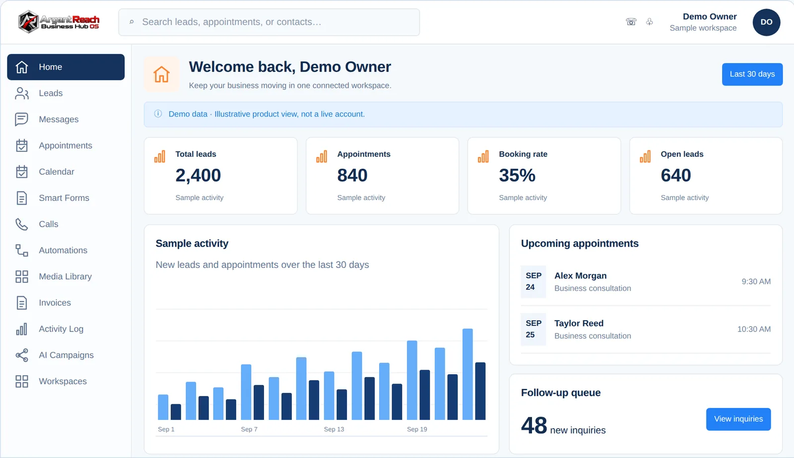 Business Hub OS Dashboard, demo view, branded for Argent Reach