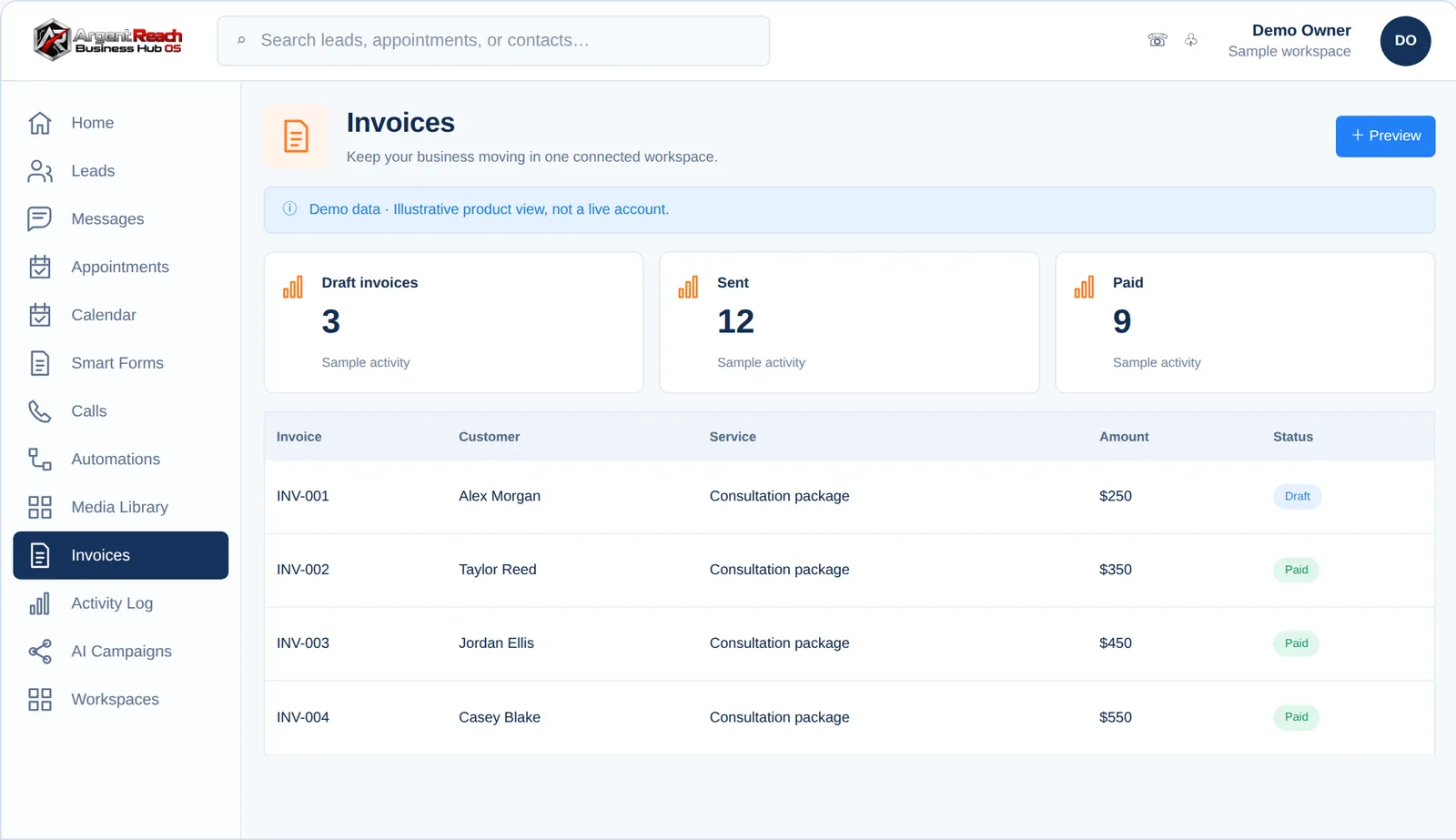 Business Hub OS Invoices, demo view, branded for Argent Reach