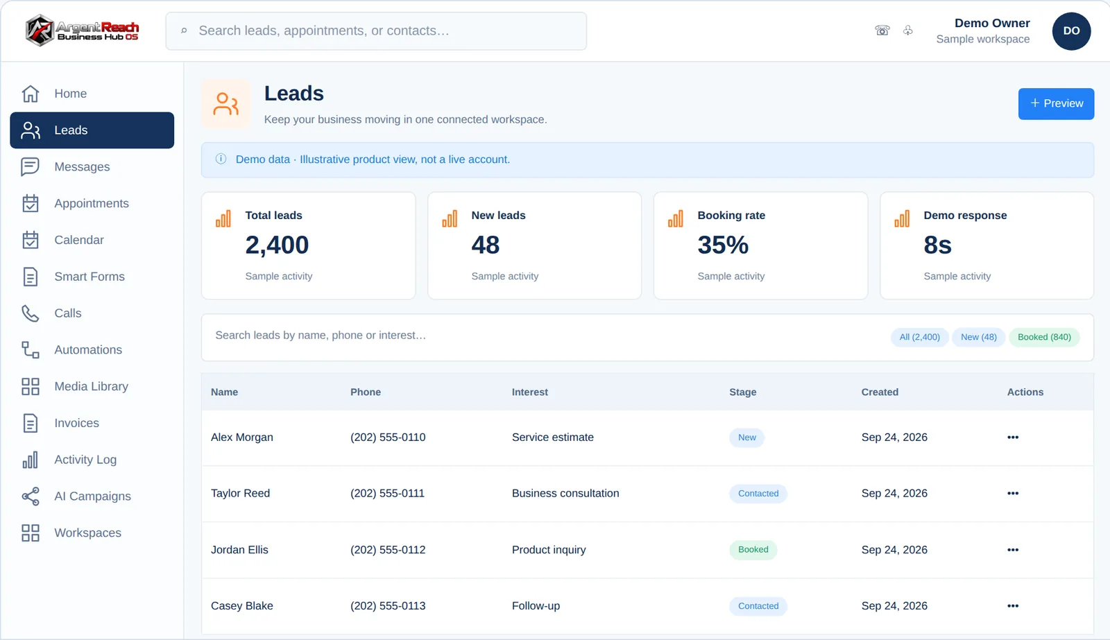 Business Hub OS Leads, demo view, branded for Argent Reach