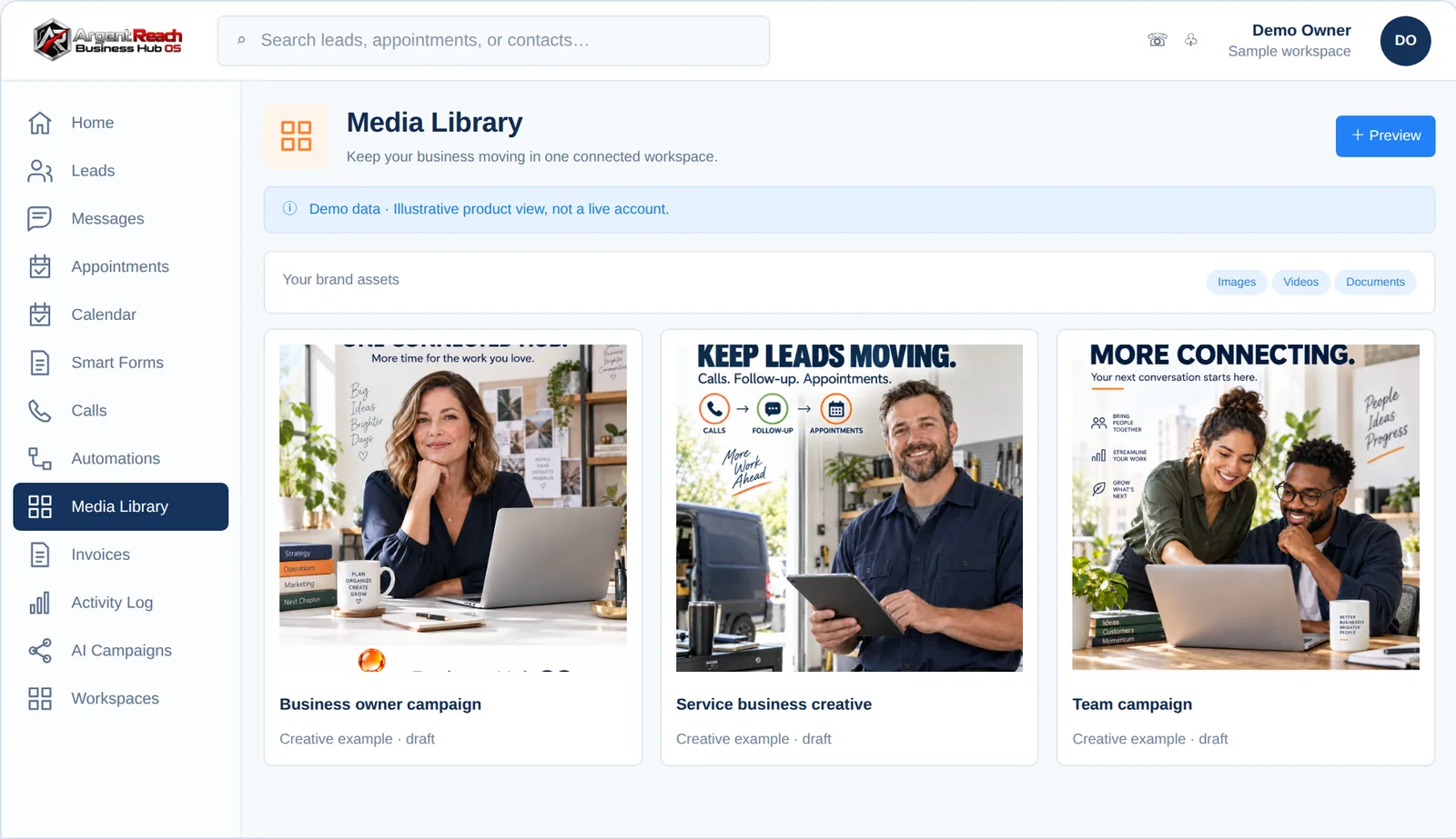 Business Hub OS Media Library, demo view, branded for Argent Reach