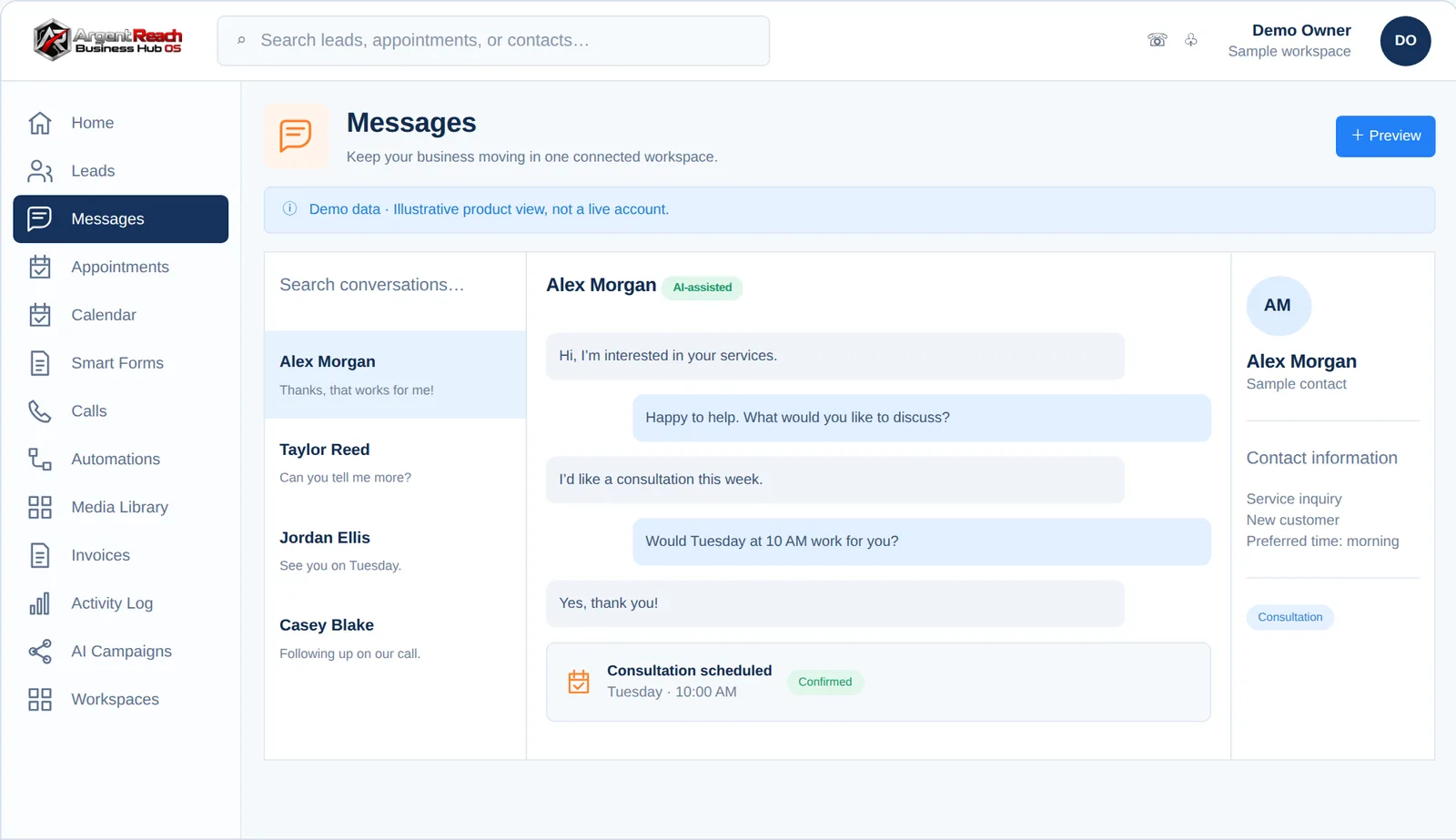 Business Hub OS Messages, demo view, branded for Argent Reach