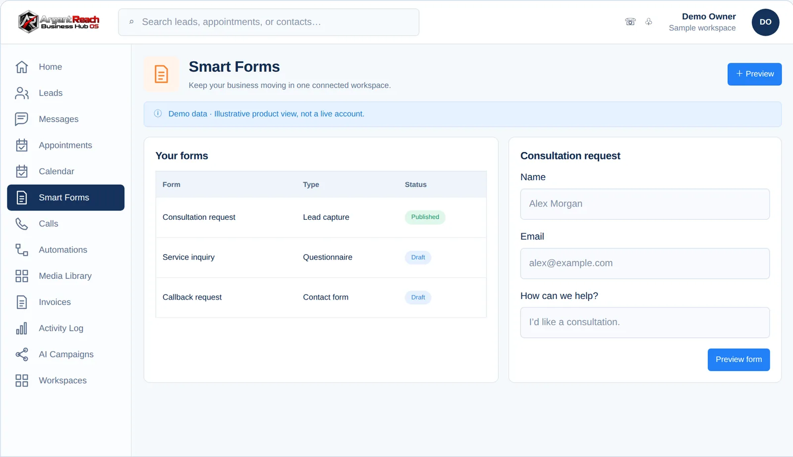 Business Hub OS Smart Forms, demo view, branded for Argent Reach
