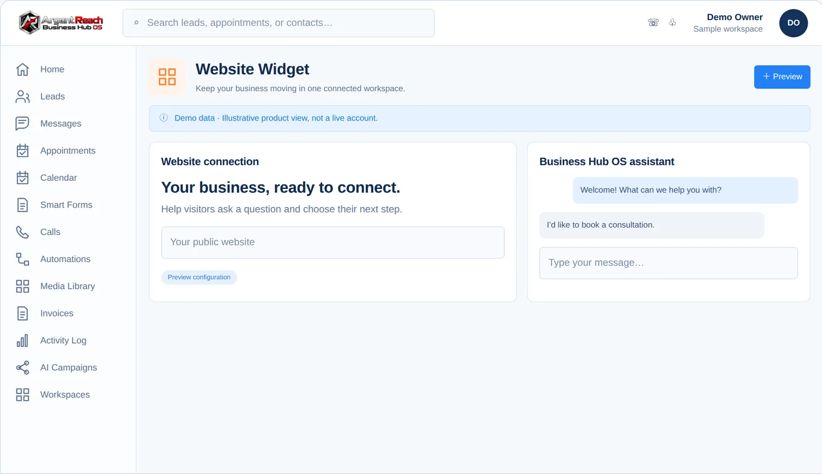 Business Hub OS Website Widget, demo view, branded for Argent Reach
