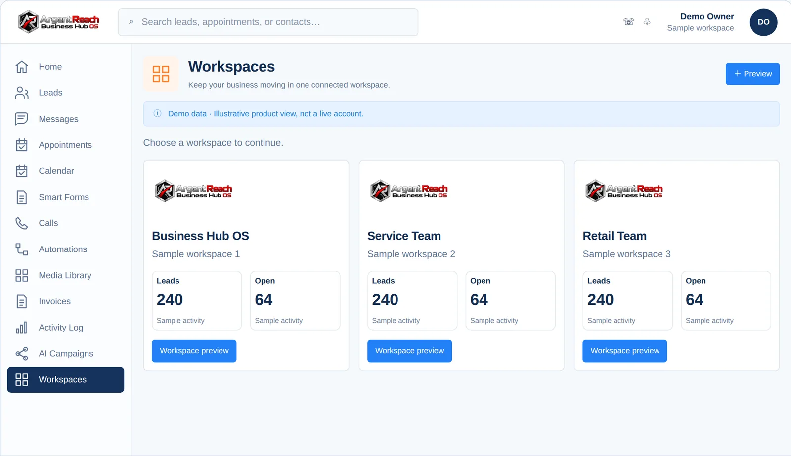 Business Hub OS Workspaces, demo view, branded for Argent Reach